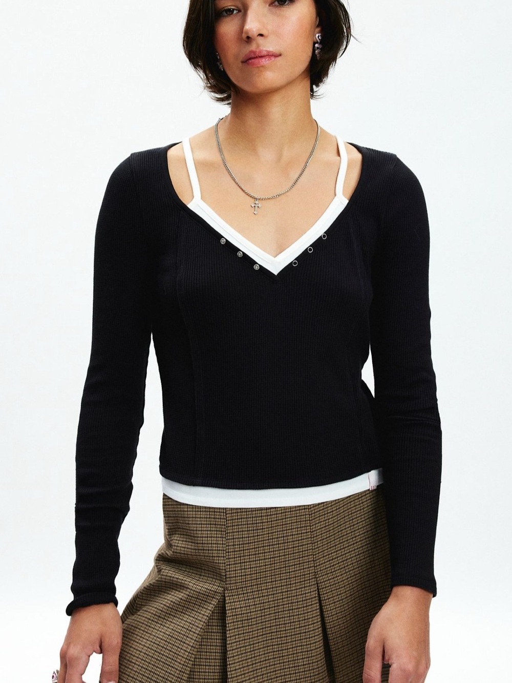 Y2k BDG Black Long-Sleeve Ribbed Henley Top with White Trim and Straps